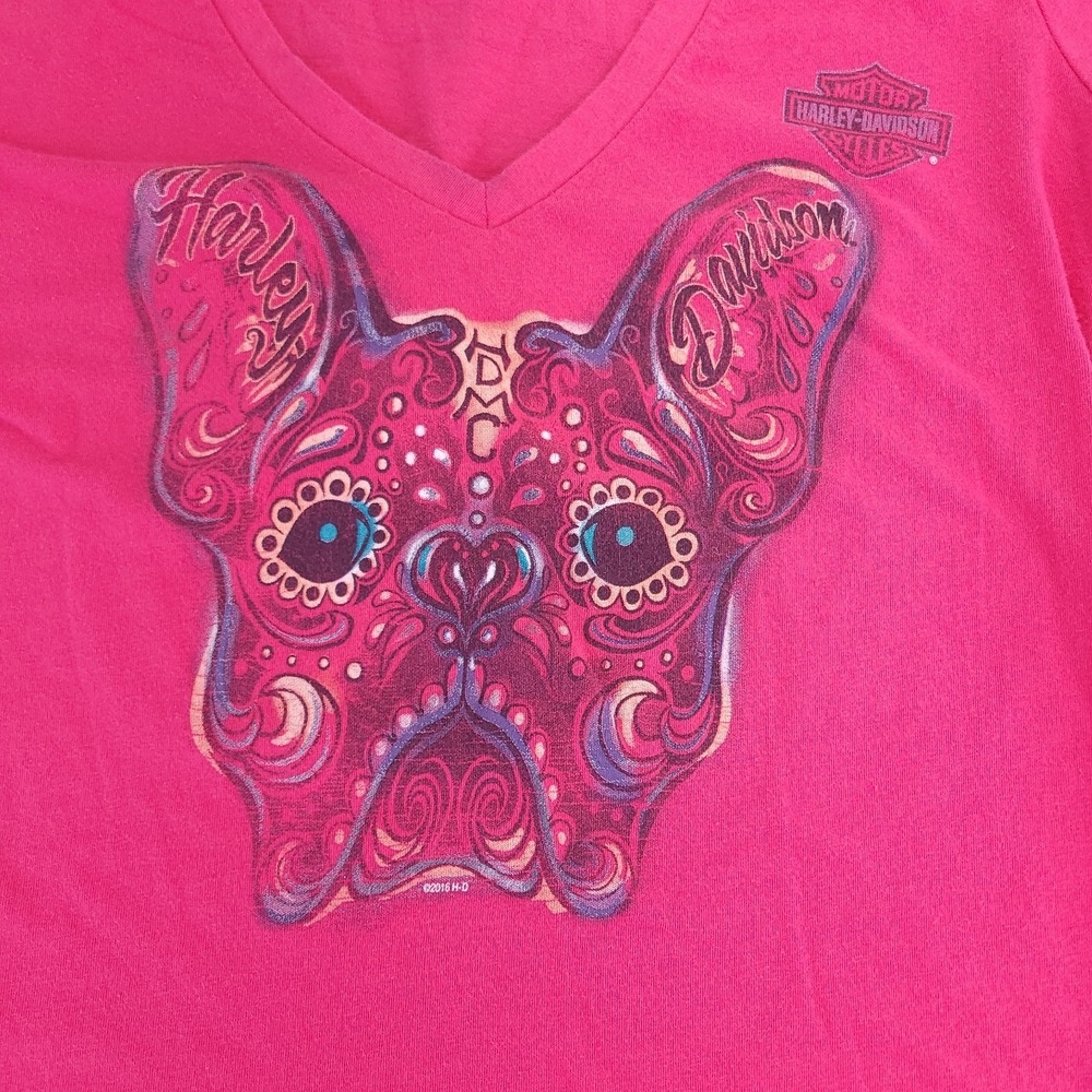 Harley Davidson T Shirt Womens Small Pink French Bulldog HDMC Front Back Graphic - Picture 2 of 10